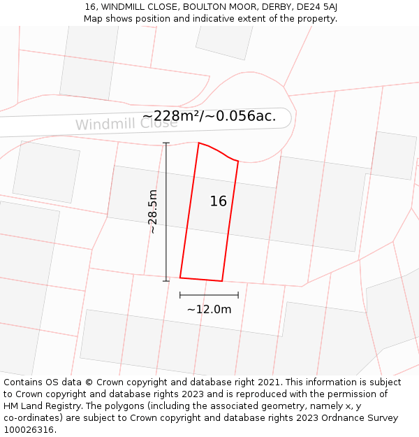 16, WINDMILL CLOSE, BOULTON MOOR, DERBY, DE24 5AJ: Plot and title map