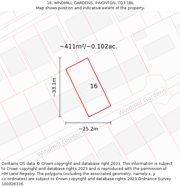 16, WINDMILL GARDENS, PAIGNTON, TQ3 1BL: Plot and title map
