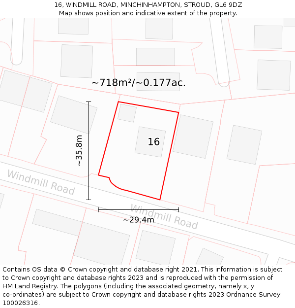 16, WINDMILL ROAD, MINCHINHAMPTON, STROUD, GL6 9DZ: Plot and title map