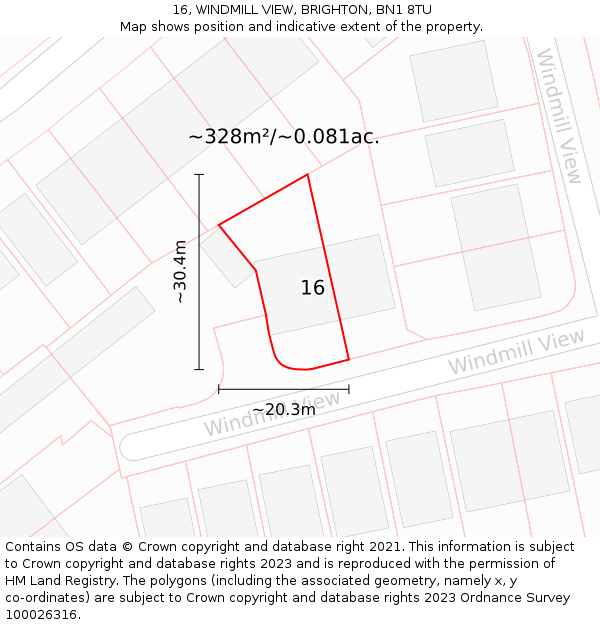 16, WINDMILL VIEW, BRIGHTON, BN1 8TU: Plot and title map