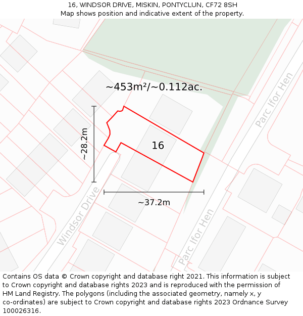 16, WINDSOR DRIVE, MISKIN, PONTYCLUN, CF72 8SH: Plot and title map