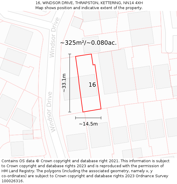 16, WINDSOR DRIVE, THRAPSTON, KETTERING, NN14 4XH: Plot and title map