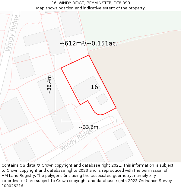 16, WINDY RIDGE, BEAMINSTER, DT8 3SR: Plot and title map