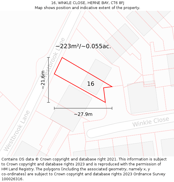16, WINKLE CLOSE, HERNE BAY, CT6 8FJ: Plot and title map