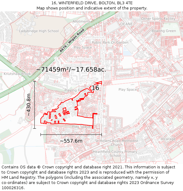 16, WINTERFIELD DRIVE, BOLTON, BL3 4TE: Plot and title map