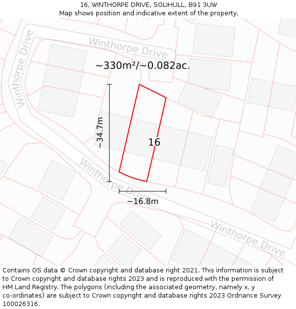 16, WINTHORPE DRIVE, SOLIHULL, B91 3UW: Plot and title map
