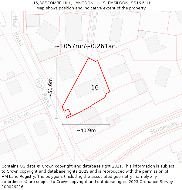 16, WISCOMBE HILL, LANGDON HILLS, BASILDON, SS16 6LU: Plot and title map