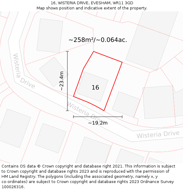 16, WISTERIA DRIVE, EVESHAM, WR11 3GD: Plot and title map