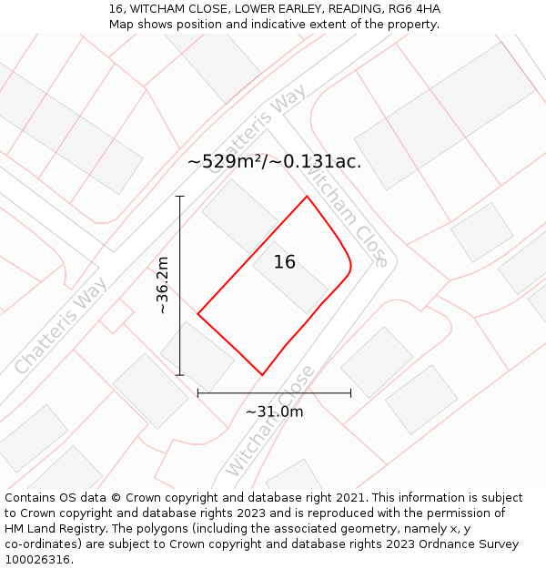 16, WITCHAM CLOSE, LOWER EARLEY, READING, RG6 4HA: Plot and title map