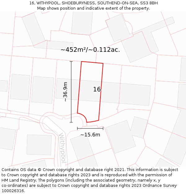 16, WITHYPOOL, SHOEBURYNESS, SOUTHEND-ON-SEA, SS3 8BH: Plot and title map