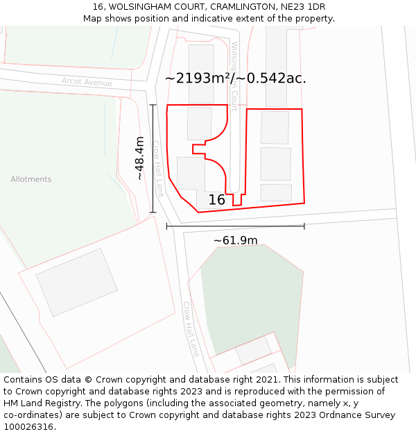 16, WOLSINGHAM COURT, CRAMLINGTON, NE23 1DR: Plot and title map