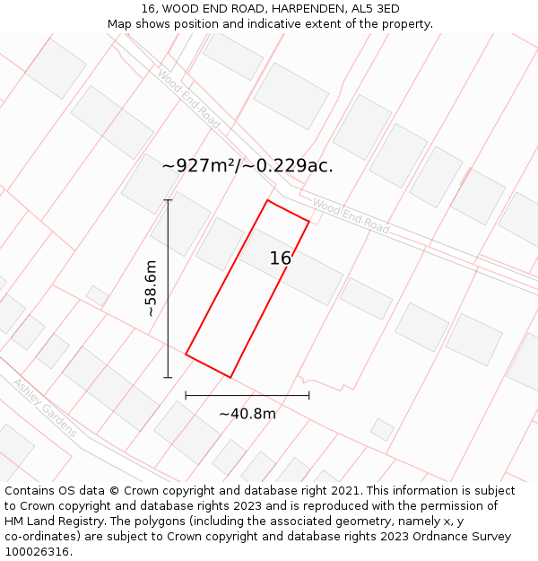 16, WOOD END ROAD, HARPENDEN, AL5 3ED: Plot and title map