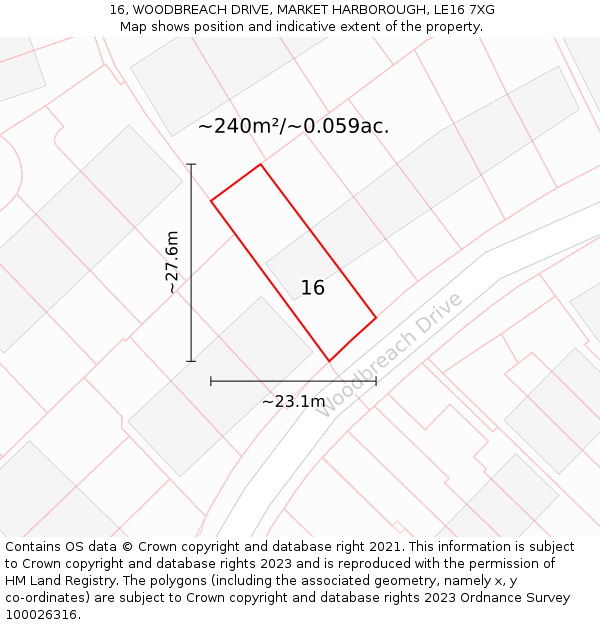 16, WOODBREACH DRIVE, MARKET HARBOROUGH, LE16 7XG: Plot and title map