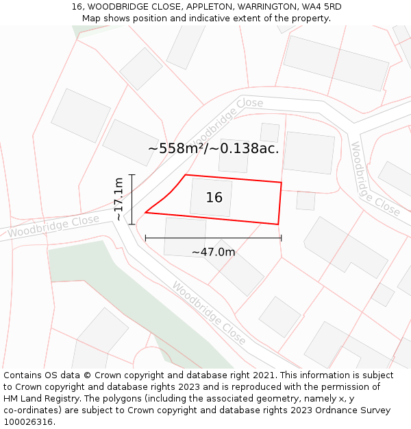 16, WOODBRIDGE CLOSE, APPLETON, WARRINGTON, WA4 5RD: Plot and title map