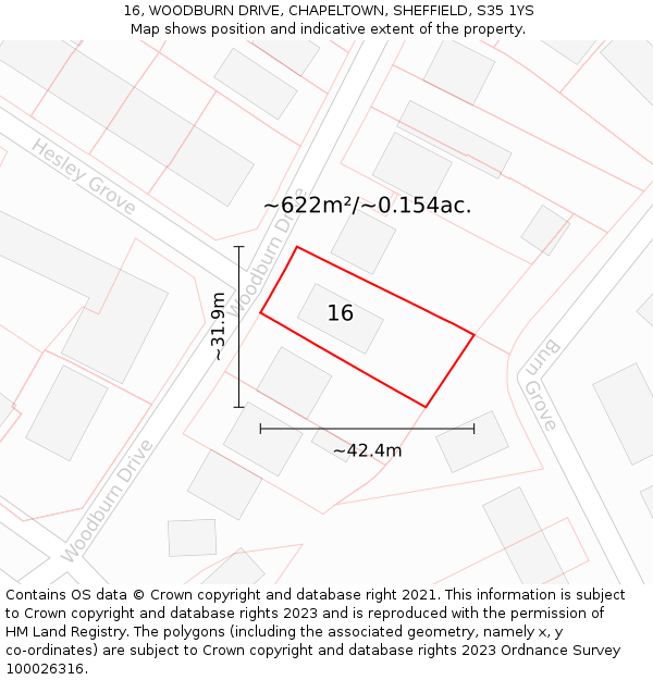 16, WOODBURN DRIVE, CHAPELTOWN, SHEFFIELD, S35 1YS: Plot and title map