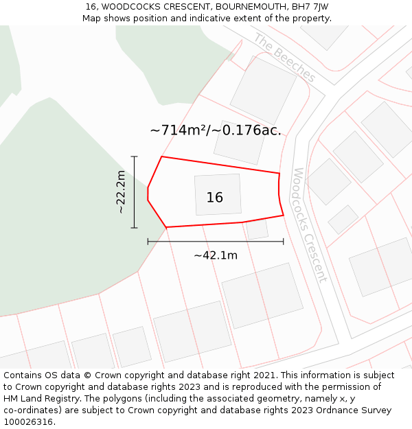 16, WOODCOCKS CRESCENT, BOURNEMOUTH, BH7 7JW: Plot and title map