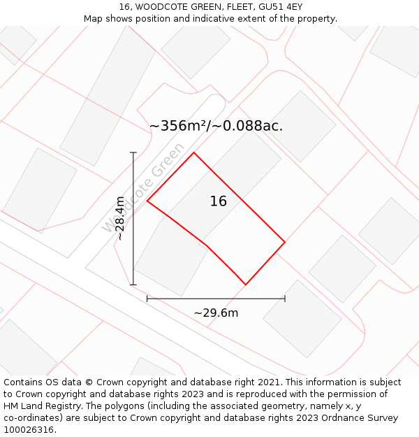 16, WOODCOTE GREEN, FLEET, GU51 4EY: Plot and title map