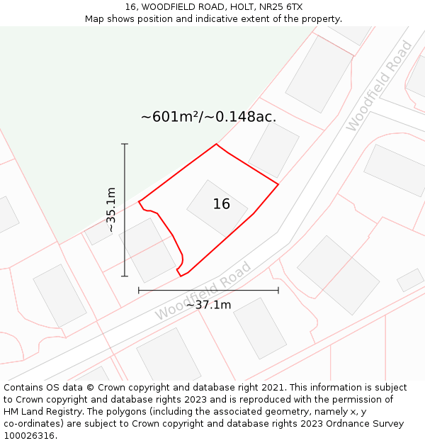 16, WOODFIELD ROAD, HOLT, NR25 6TX: Plot and title map