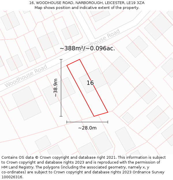 16, WOODHOUSE ROAD, NARBOROUGH, LEICESTER, LE19 3ZA: Plot and title map