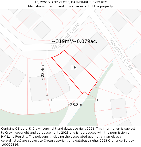 16, WOODLAND CLOSE, BARNSTAPLE, EX32 0EG: Plot and title map