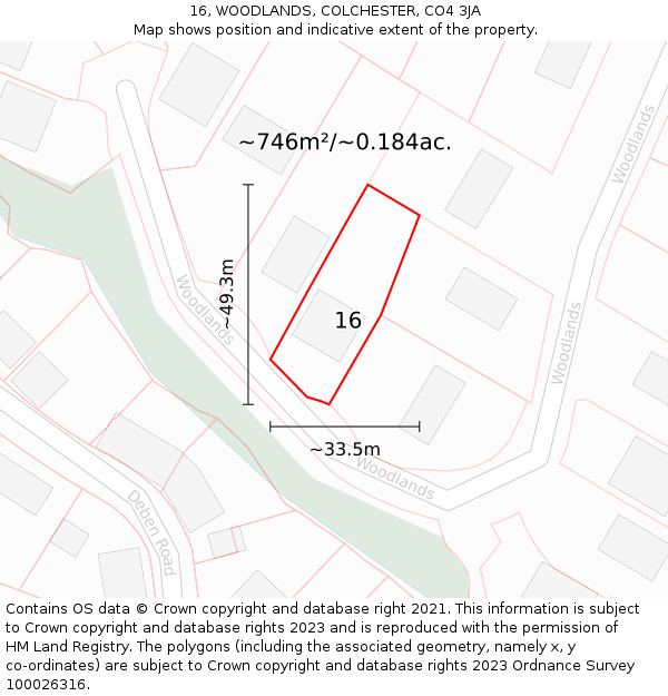 16, WOODLANDS, COLCHESTER, CO4 3JA: Plot and title map