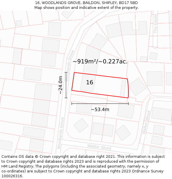 16, WOODLANDS GROVE, BAILDON, SHIPLEY, BD17 5BD: Plot and title map