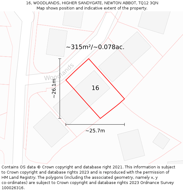 16, WOODLANDS, HIGHER SANDYGATE, NEWTON ABBOT, TQ12 3QN: Plot and title map