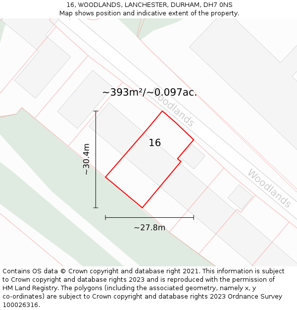 16, WOODLANDS, LANCHESTER, DURHAM, DH7 0NS: Plot and title map