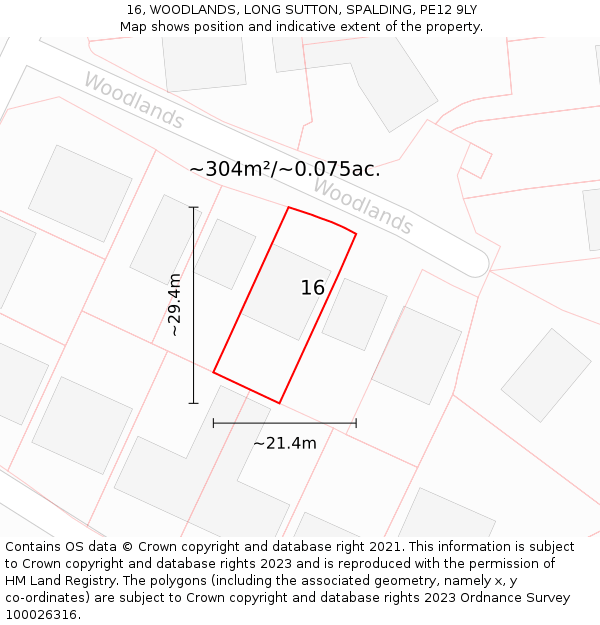 16, WOODLANDS, LONG SUTTON, SPALDING, PE12 9LY: Plot and title map