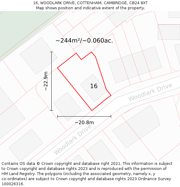 16, WOODLARK DRIVE, COTTENHAM, CAMBRIDGE, CB24 8XT: Plot and title map