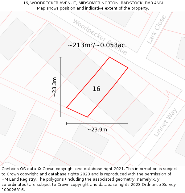 16, WOODPECKER AVENUE, MIDSOMER NORTON, RADSTOCK, BA3 4NN: Plot and title map
