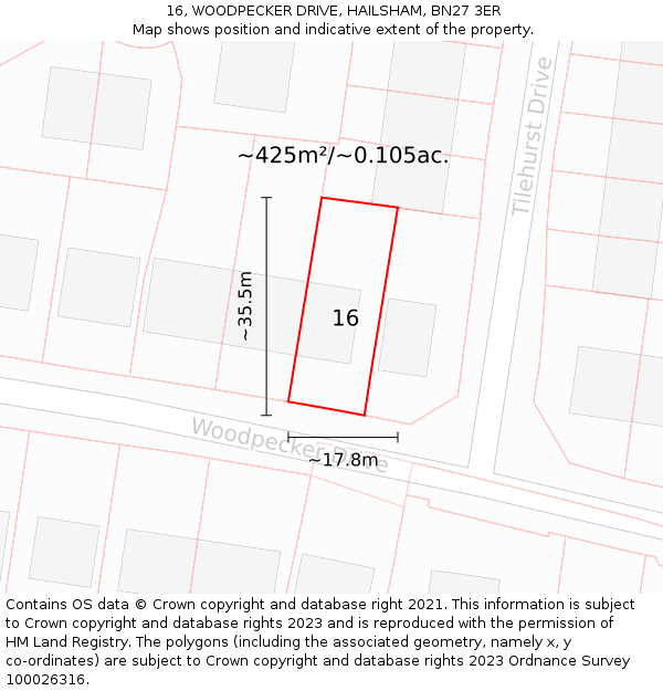 16, WOODPECKER DRIVE, HAILSHAM, BN27 3ER: Plot and title map