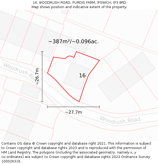 16, WOODRUSH ROAD, PURDIS FARM, IPSWICH, IP3 8RD: Plot and title map