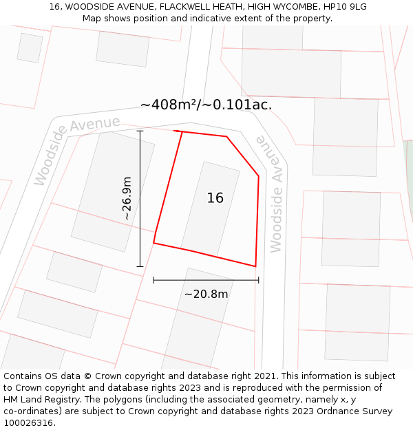 16, WOODSIDE AVENUE, FLACKWELL HEATH, HIGH WYCOMBE, HP10 9LG: Plot and title map