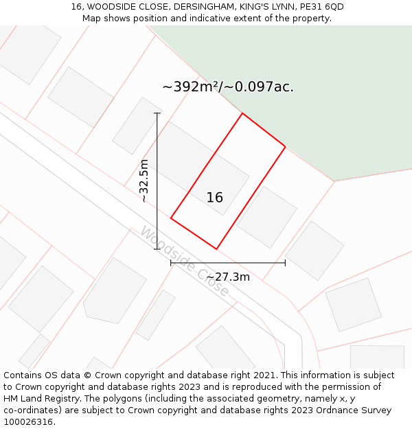 16, WOODSIDE CLOSE, DERSINGHAM, KING'S LYNN, PE31 6QD: Plot and title map