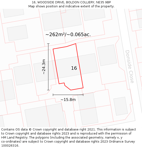 16, WOODSIDE DRIVE, BOLDON COLLIERY, NE35 9BP: Plot and title map
