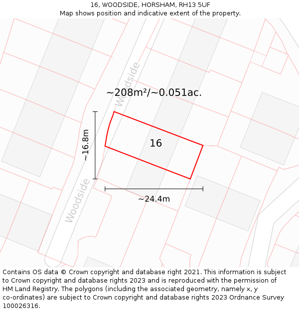 16, WOODSIDE, HORSHAM, RH13 5UF: Plot and title map