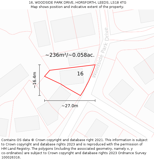 16, WOODSIDE PARK DRIVE, HORSFORTH, LEEDS, LS18 4TG: Plot and title map