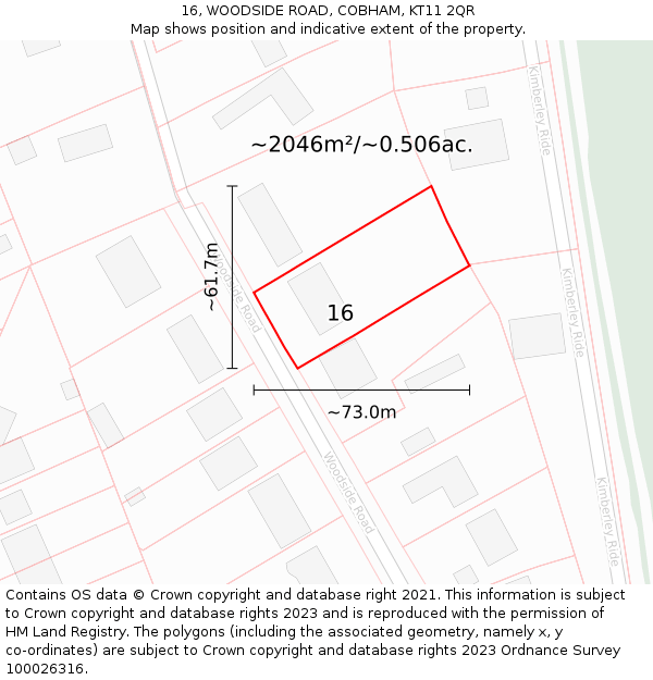 16, WOODSIDE ROAD, COBHAM, KT11 2QR: Plot and title map