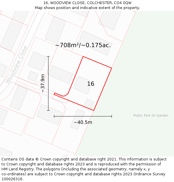16, WOODVIEW CLOSE, COLCHESTER, CO4 0QW: Plot and title map