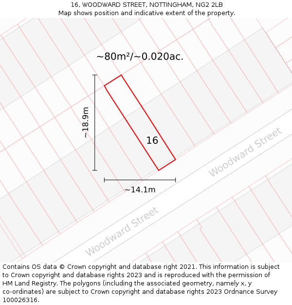 16, WOODWARD STREET, NOTTINGHAM, NG2 2LB: Plot and title map