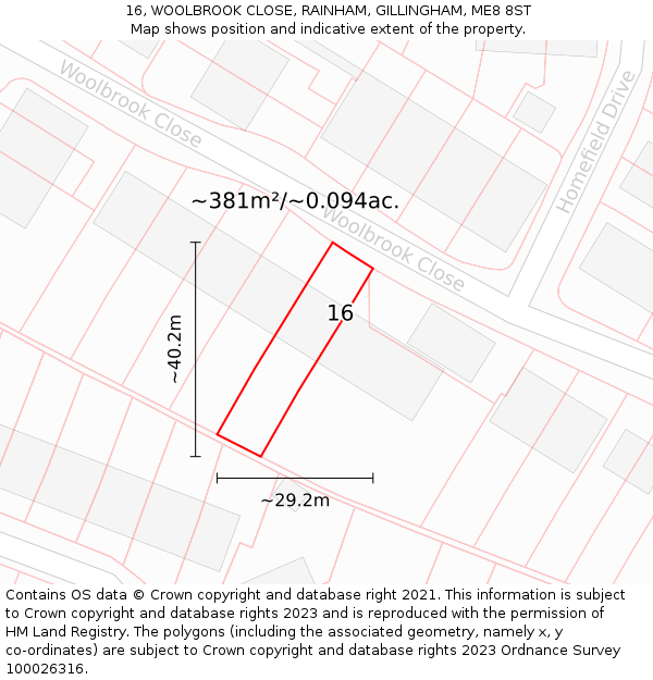 16, WOOLBROOK CLOSE, RAINHAM, GILLINGHAM, ME8 8ST: Plot and title map
