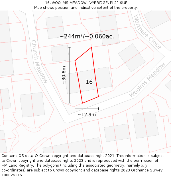 16, WOOLMS MEADOW, IVYBRIDGE, PL21 9UF: Plot and title map