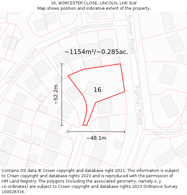 16, WORCESTER CLOSE, LINCOLN, LN6 3LW: Plot and title map