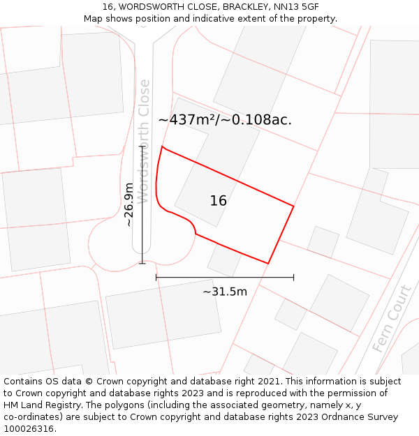 16, WORDSWORTH CLOSE, BRACKLEY, NN13 5GF: Plot and title map