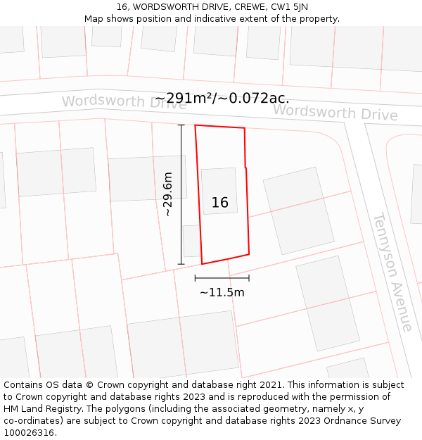 16, WORDSWORTH DRIVE, CREWE, CW1 5JN: Plot and title map