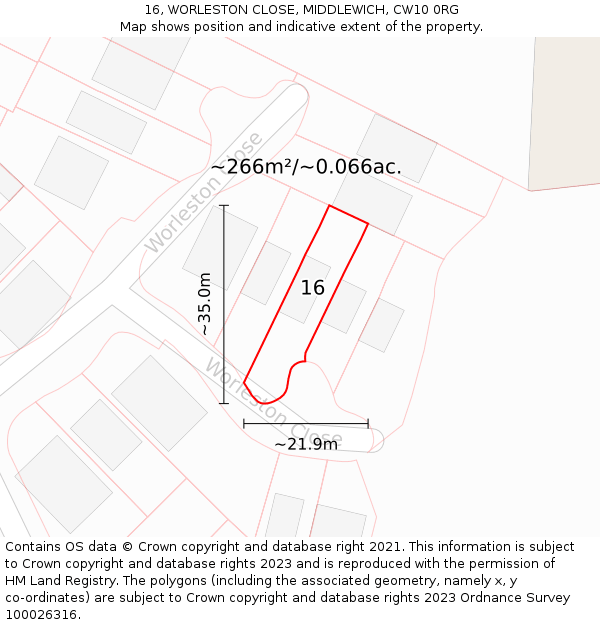 16, WORLESTON CLOSE, MIDDLEWICH, CW10 0RG: Plot and title map