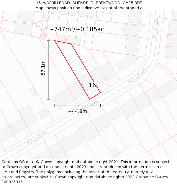 16, WORRIN ROAD, SHENFIELD, BRENTWOOD, CM15 8DE: Plot and title map