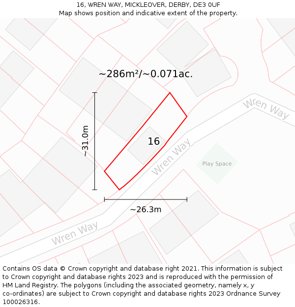 16, WREN WAY, MICKLEOVER, DERBY, DE3 0UF: Plot and title map