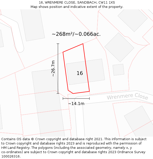 16, WRENMERE CLOSE, SANDBACH, CW11 1XS: Plot and title map
